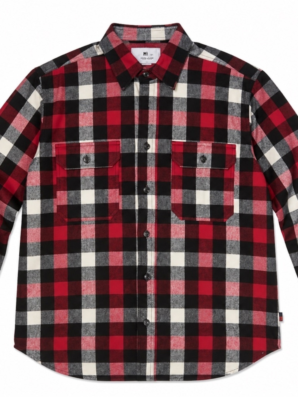 WOOLRICH MEN’S BLACK/RED/ OFF WHITE PLAID LONG SLEEVE SHIRT. SIZE- XL